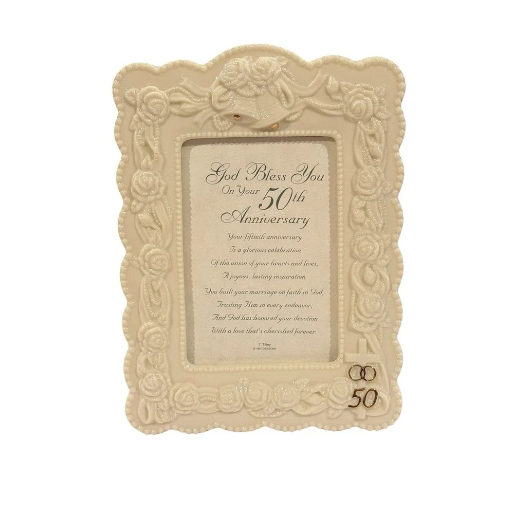 Vtg '97 Dicksons 50th Anniversary Photo Framed Poem God Bless You Ivory & Gold